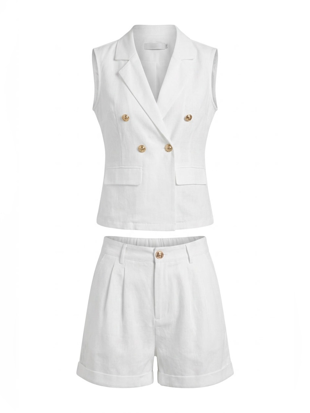 Women’s Outfit set Sleeveless Double-Breasted Vest and Shorts White Size S